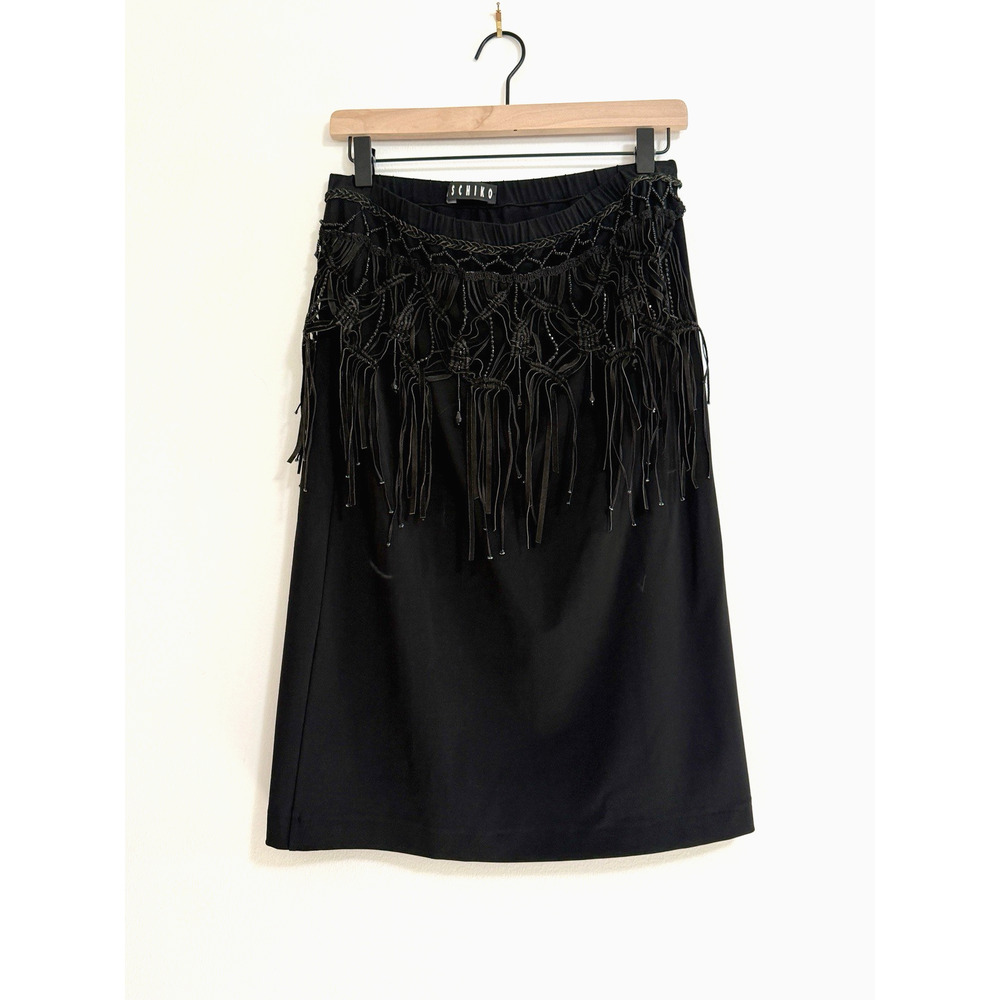 Ischiko Leather Beaded Fringe Layered Skirt Black Lagenlook Size 10